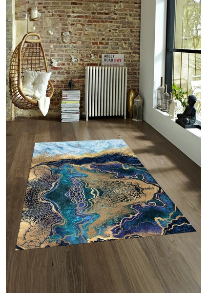 Dijital Baskılı Kaymaz Taban Yıkanabilir Mermer Yolluk Mutfak Salon Halısı, N-Mermer-25-Mavi,