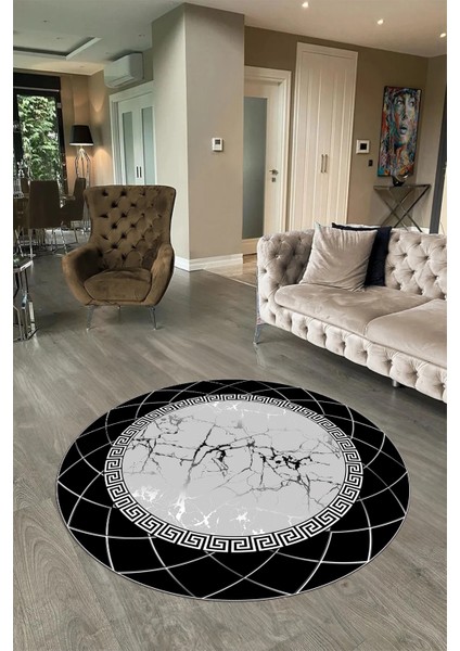 Dijital Baskılı Kaymaz Yıkanabilir Mermer Yuvarlak Mutfak Salon Halısı, N-Y-Mermer-23-Siyah,