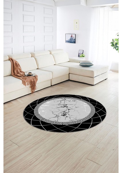 Dijital Baskılı Kaymaz Yıkanabilir Mermer Yuvarlak Mutfak Salon Halısı, N-Y-Mermer-23-Siyah,