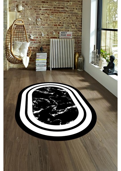 Dijital Baskılı Kaymaz Taban Yıkanabilir Mermer Oval Yolluk Salon Halısı, N-O-Mermer-06-Siyah,
