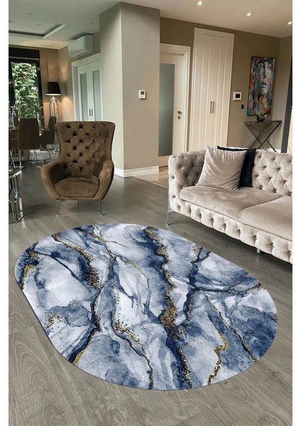 Dijital Baskılı Kaymaz Taban Yıkanabilir Mermer Oval Yolluk Salon Halısı, N-O-Mermer-02-Mavi, fırsatları