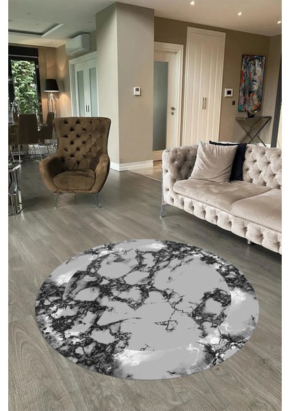 Dijital Baskılı Kaymaz Yıkanabilir Mermer Yuvarlak Mutfak Salon Halısı, N-Y-Mermer-30-Gri,