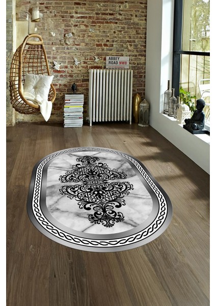 Dijital Baskılı Kaymaz Taban Yıkanabilir Mermer Oval Yolluk Salon Halısı, N-O-Mermer-09-Gri,