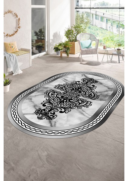 Dijital Baskılı Kaymaz Taban Yıkanabilir Mermer Oval Yolluk Salon Halısı, N-O-Mermer-09-Gri, modelleri