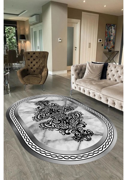 Dijital Baskılı Kaymaz Taban Yıkanabilir Mermer Oval Yolluk Salon Halısı, N-O-Mermer-09-Gri, fırsatları