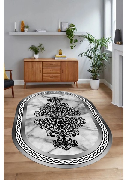 Dijital Baskılı Kaymaz Taban Yıkanabilir Mermer Oval Yolluk Salon Halısı, N-O-Mermer-09-Gri, indirimleri