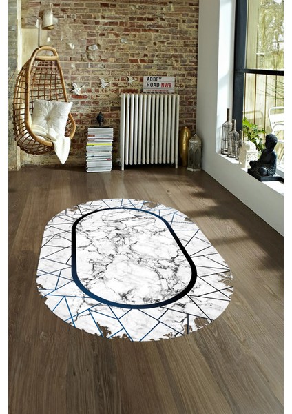 Dijital Baskılı Kaymaz Taban Yıkanabilir Mermer Oval Yolluk Salon Halısı, N-O-Mermer-11-Mavi,