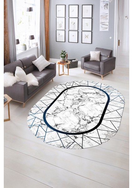 Dijital Baskılı Kaymaz Taban Yıkanabilir Mermer Oval Yolluk Salon Halısı, N-O-Mermer-11-Mavi, fiyatları