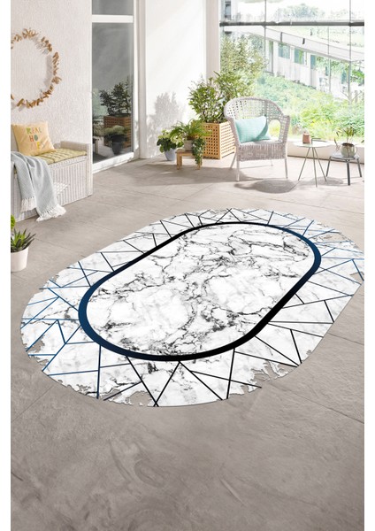 Dijital Baskılı Kaymaz Taban Yıkanabilir Mermer Oval Yolluk Salon Halısı, N-O-Mermer-11-Mavi, modelleri
