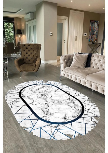 Dijital Baskılı Kaymaz Taban Yıkanabilir Mermer Oval Yolluk Salon Halısı, N-O-Mermer-11-Mavi, fırsatları