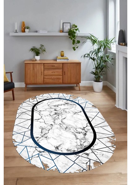 Dijital Baskılı Kaymaz Taban Yıkanabilir Mermer Oval Yolluk Salon Halısı, N-O-Mermer-11-Mavi, indirimleri