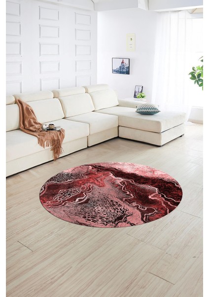 Dijital Baskılı Kaymaz Yıkanabilir Mermer Yuvarlak Mutfak Salon Halısı, N-Y-Mermer-25-Bordo,