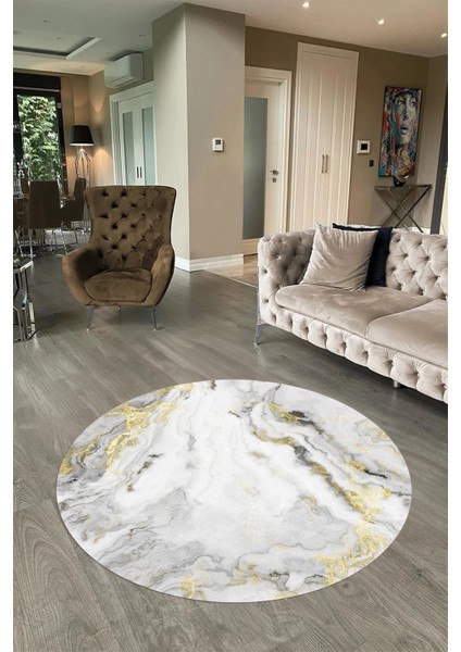 Dijital Baskılı Kaymaz Yıkanabilir Mermer Yuvarlak Mutfak Salon Halısı, N-Y-Mermer-26-Gold,