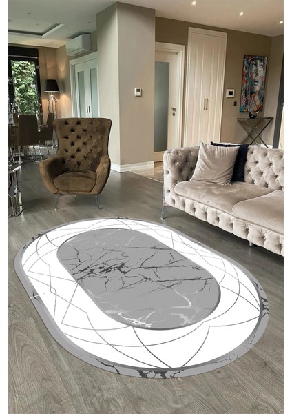Dijital Baskılı Kaymaz Taban Yıkanabilir Mermer Oval Yolluk Salon Halısı, N-O-Mermer-17-Gri, fırsatları