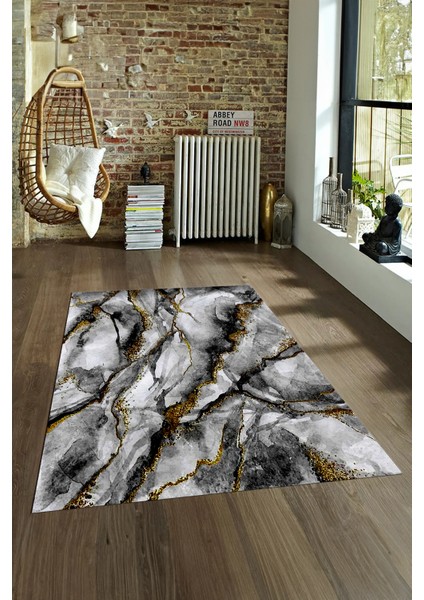 Dijital Baskılı Kaymaz Taban Yıkanabilir Mermer Yolluk Mutfak Salon Halısı, N-Mermer-02-Siyah,