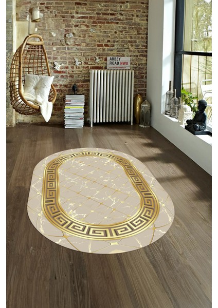 Dijital Baskılı Kaymaz Taban Yıkanabilir Mermer Oval Yolluk Salon Halısı, N-O-Mermer-18-Vizon,