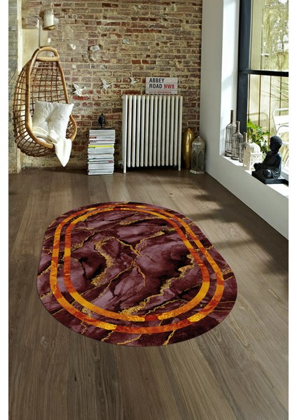 Dijital Baskılı Kaymaz Taban Yıkanabilir Mermer Oval Yolluk Salon Halısı, N-O-Mermer-04-Bordo,