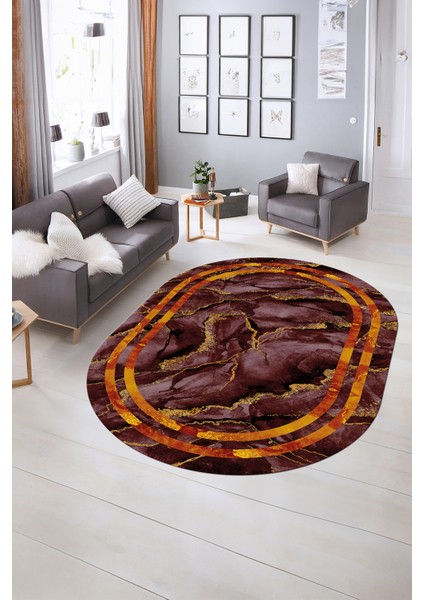 Dijital Baskılı Kaymaz Taban Yıkanabilir Mermer Oval Yolluk Salon Halısı, N-O-Mermer-04-Bordo, fiyatları