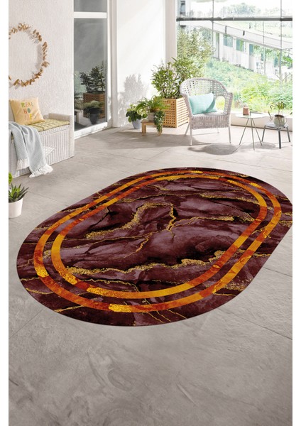 Dijital Baskılı Kaymaz Taban Yıkanabilir Mermer Oval Yolluk Salon Halısı, N-O-Mermer-04-Bordo, modelleri