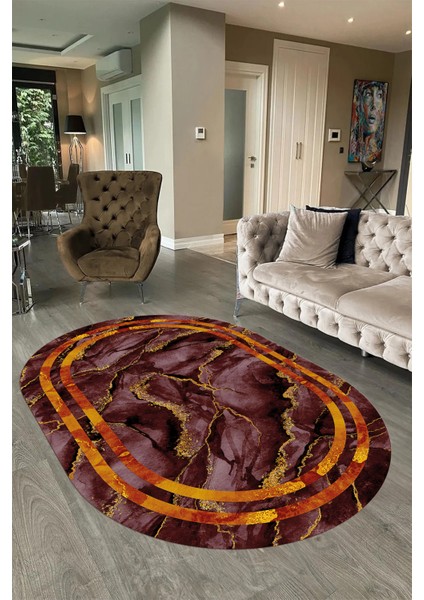 Dijital Baskılı Kaymaz Taban Yıkanabilir Mermer Oval Yolluk Salon Halısı, N-O-Mermer-04-Bordo, fırsatları