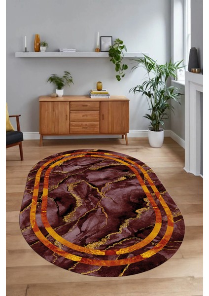 Dijital Baskılı Kaymaz Taban Yıkanabilir Mermer Oval Yolluk Salon Halısı, N-O-Mermer-04-Bordo, indirimleri