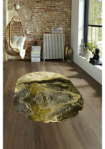 Dijital Baskılı Kaymaz Taban Yıkanabilir Mermer Oval Yolluk Salon Halısı, N-O-Mermer-25-Sarı,