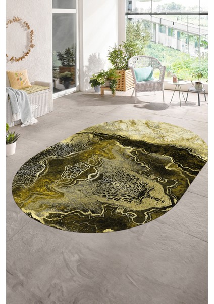 Dijital Baskılı Kaymaz Taban Yıkanabilir Mermer Oval Yolluk Salon Halısı, N-O-Mermer-25-Sarı, modelleri
