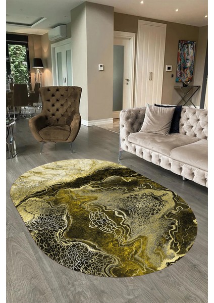 Dijital Baskılı Kaymaz Taban Yıkanabilir Mermer Oval Yolluk Salon Halısı, N-O-Mermer-25-Sarı, fırsatları