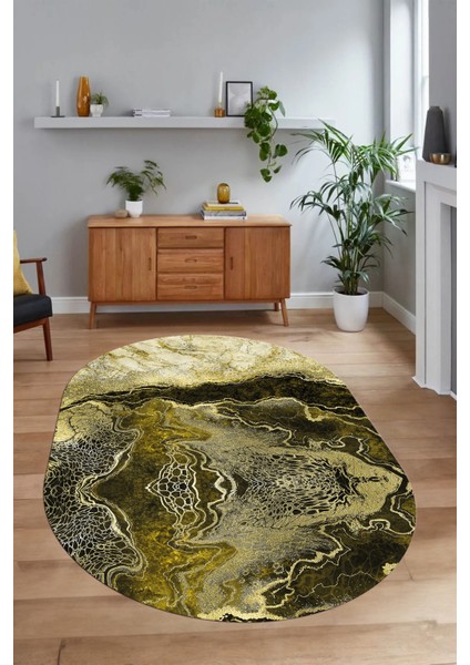 Dijital Baskılı Kaymaz Taban Yıkanabilir Mermer Oval Yolluk Salon Halısı, N-O-Mermer-25-Sarı, indirimleri