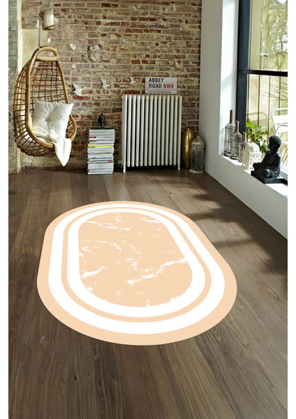 Dijital Baskılı Kaymaz Taban Yıkanabilir Mermer Oval Yolluk Salon Halısı, N-O-Mermer-06-Krem,