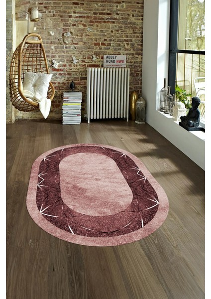 Dijital Baskılı Kaymaz Taban Yıkanabilir Mermer Oval Yolluk Salon Halısı, N-O-Mermer-13-Bordo,