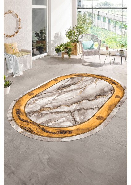 Dijital Baskılı Kaymaz Taban Yıkanabilir Mermer Oval Yolluk Salon Halısı, N-O-Mermer-03-Kahve, modelleri