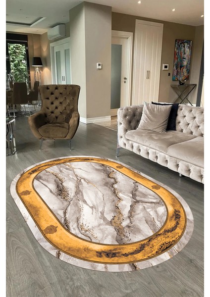 Dijital Baskılı Kaymaz Taban Yıkanabilir Mermer Oval Yolluk Salon Halısı, N-O-Mermer-03-Kahve, fırsatları