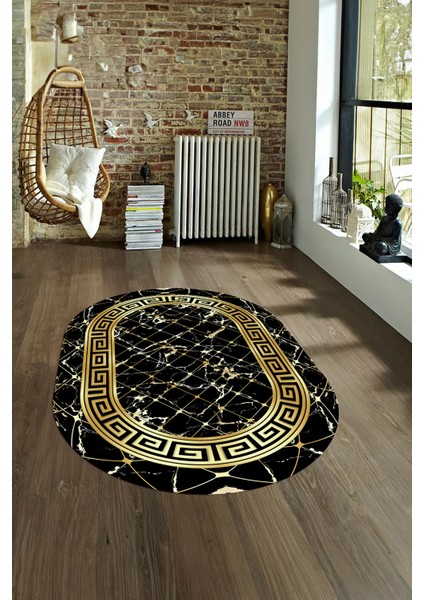 Dijital Baskılı Kaymaz Taban Yıkanabilir Mermer Oval Yolluk Salon Halısı, N-O-Mermer-18-Siyah,