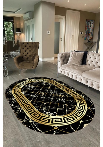 Dijital Baskılı Kaymaz Taban Yıkanabilir Mermer Oval Yolluk Salon Halısı, N-O-Mermer-18-Siyah, fırsatları