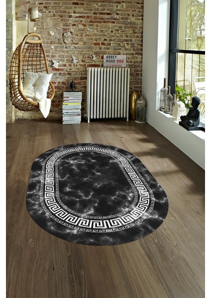 Dijital Baskılı Kaymaz Taban Yıkanabilir Mermer Oval Yolluk Salon Halısı, N-O-Mermer-14-Antrasit,