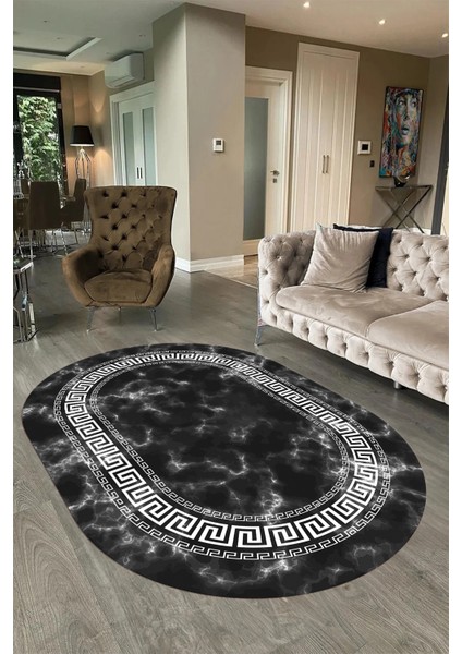 Dijital Baskılı Kaymaz Taban Yıkanabilir Mermer Oval Yolluk Salon Halısı, N-O-Mermer-14-Antrasit, fırsatları