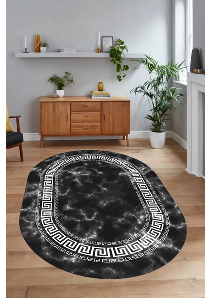 Dijital Baskılı Kaymaz Taban Yıkanabilir Mermer Oval Yolluk Salon Halısı, N-O-Mermer-14-Antrasit, indirimleri