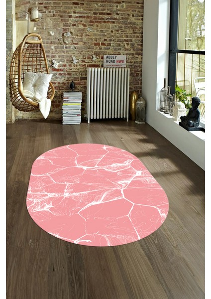 Dijital Baskılı Kaymaz Taban Yıkanabilir Mermer Oval Yolluk Salon Halısı, N-O-Mermer-01-Pembe,