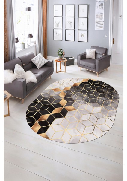 Dijital Baskılı Kaymaz Taban Yıkanabilir Mermer Oval Yolluk Salon Halısı, N-O-Mermer-19-Gold, fiyatları