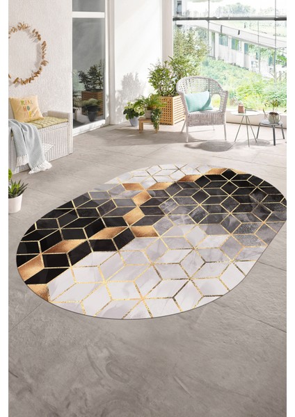 Dijital Baskılı Kaymaz Taban Yıkanabilir Mermer Oval Yolluk Salon Halısı, N-O-Mermer-19-Gold, modelleri