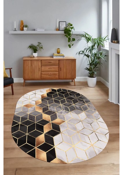 Dijital Baskılı Kaymaz Taban Yıkanabilir Mermer Oval Yolluk Salon Halısı, N-O-Mermer-19-Gold, indirimleri