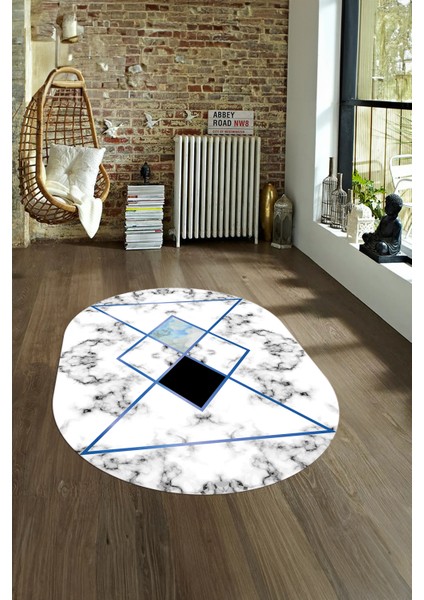 Dijital Baskılı Kaymaz Taban Yıkanabilir Mermer Oval Yolluk Salon Halısı, N-O-Mermer-20-Mavi,