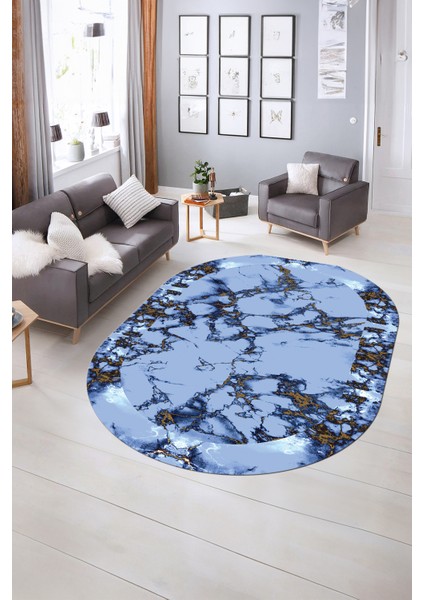 Dijital Baskılı Kaymaz Taban Yıkanabilir Mermer Oval Yolluk Salon Halısı, N-O-Mermer-30-Mavi, fiyatları