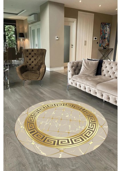 Dijital Baskılı Kaymaz Yıkanabilir Mermer Yuvarlak Mutfak Salon Halısı, N-Y-Mermer-18-Vizon,