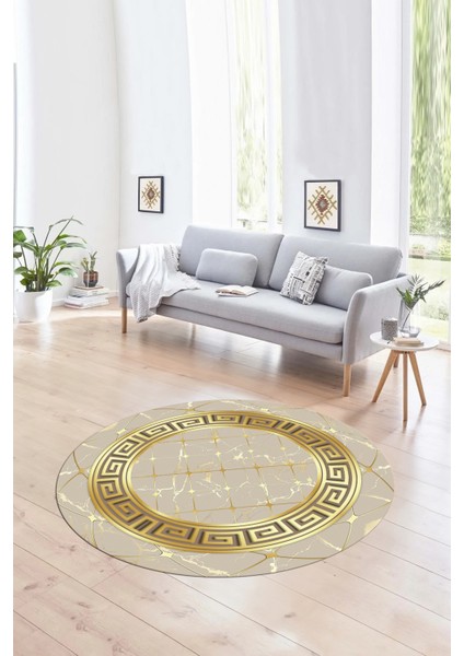 Dijital Baskılı Kaymaz Yıkanabilir Mermer Yuvarlak Mutfak Salon Halısı, N-Y-Mermer-18-Vizon,