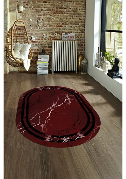 Dijital Baskılı Kaymaz Taban Yıkanabilir Mermer Oval Yolluk Salon Halısı, N-O-Mermer-08-Bordo,