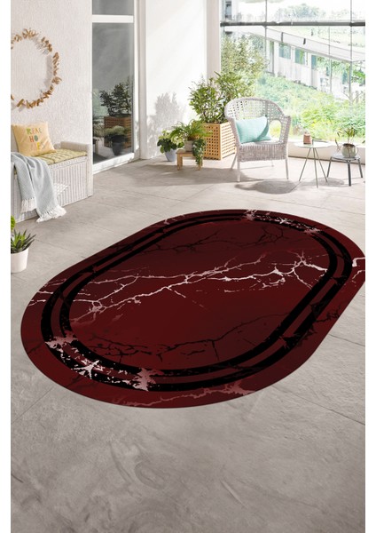 Dijital Baskılı Kaymaz Taban Yıkanabilir Mermer Oval Yolluk Salon Halısı, N-O-Mermer-08-Bordo, modelleri