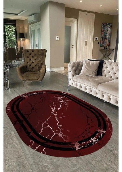 Dijital Baskılı Kaymaz Taban Yıkanabilir Mermer Oval Yolluk Salon Halısı, N-O-Mermer-08-Bordo, fırsatları