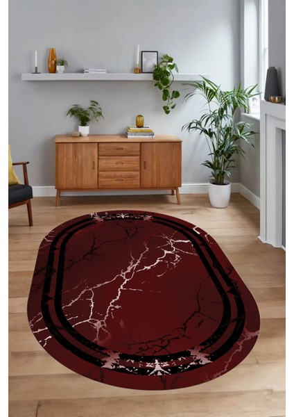 Dijital Baskılı Kaymaz Taban Yıkanabilir Mermer Oval Yolluk Salon Halısı, N-O-Mermer-08-Bordo, indirimleri